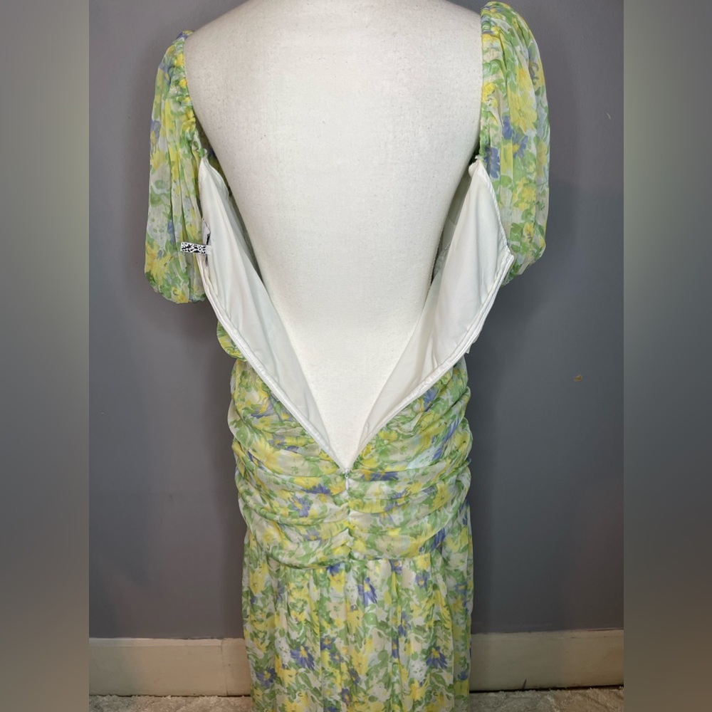ASOS ruched puff sleeve maxi dress white base yellow blue floral print - Picture 10 of 15